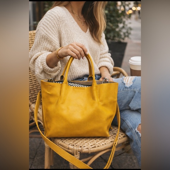 Co-Lab Handbags - Co-Lab Mustard Yellow Leather Tote Crossbody Bag | Removable Strap & Pouch
